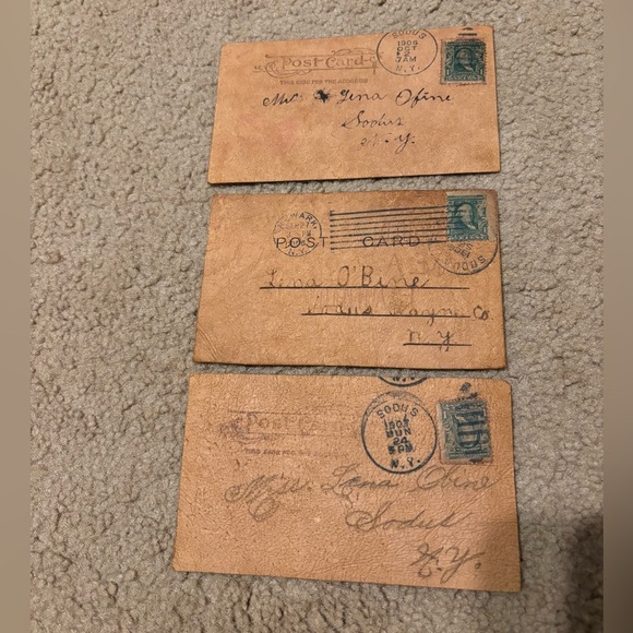 3 Leather Vintage Postcards- Benjamin Franklin Green Error Cut Stamps (used) ￼ - Picture 1 of 12